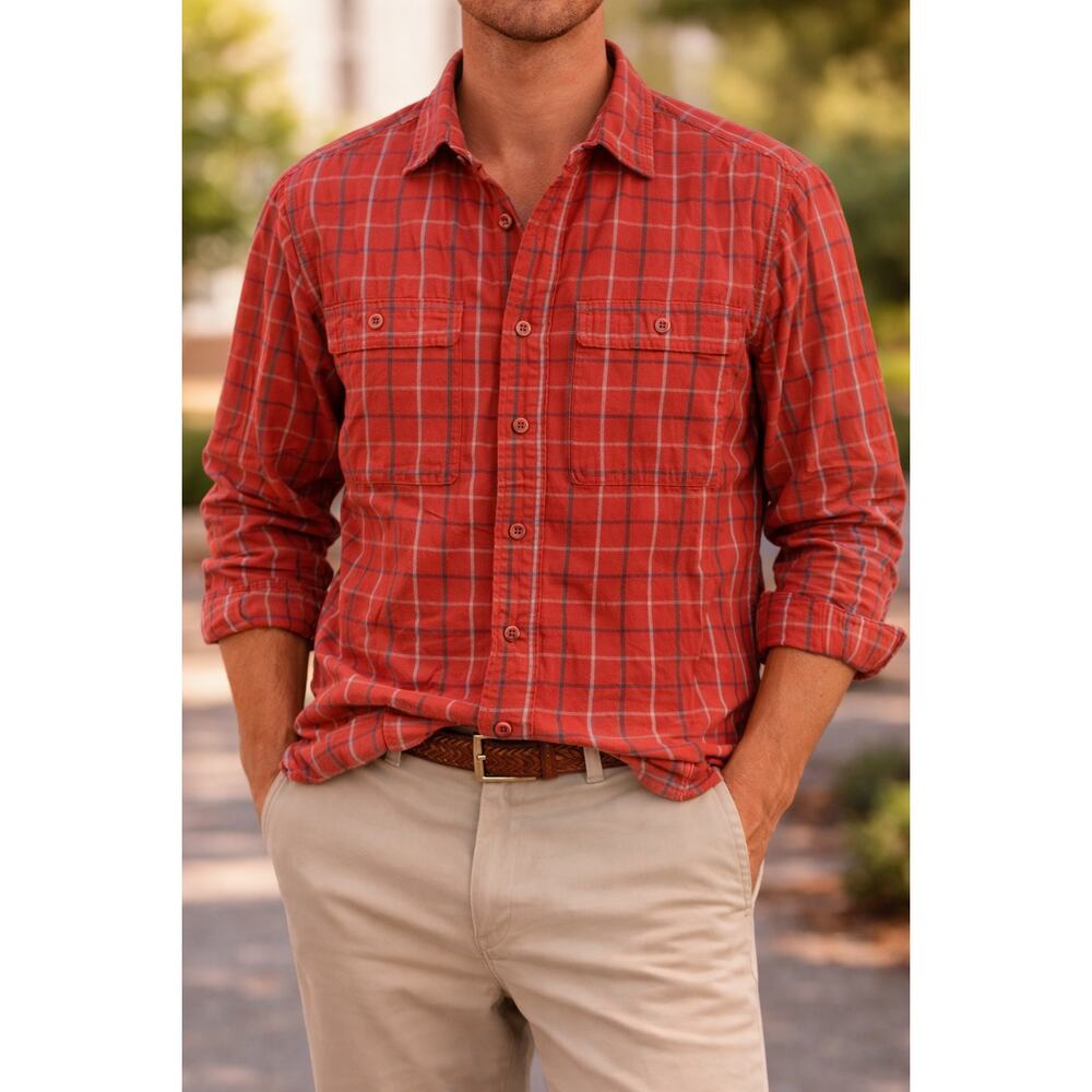 REI Cooperative‎ Red Plaid Flannel Shirt Mens Medium Button Front Cotton
